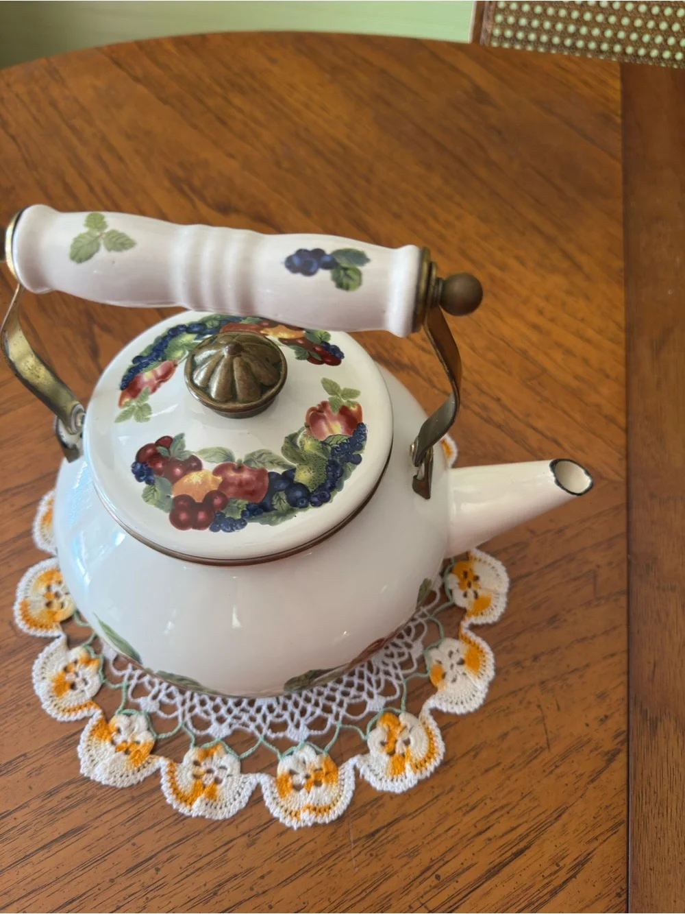 Vintage Regency Emanel Floral Ceramic Teapot with Brass Handle - White Base